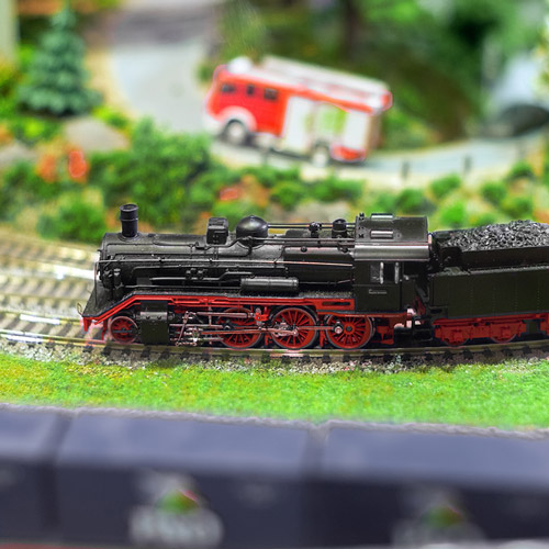 Close up of model train on track